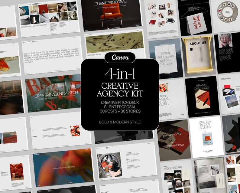 May include: A digital template collection titled 4-in-1 Creative Agency Kit, featuring a black central overlay with white text. The background displays a grid of various document layouts, including pitch decks, client proposals, and social media posts.