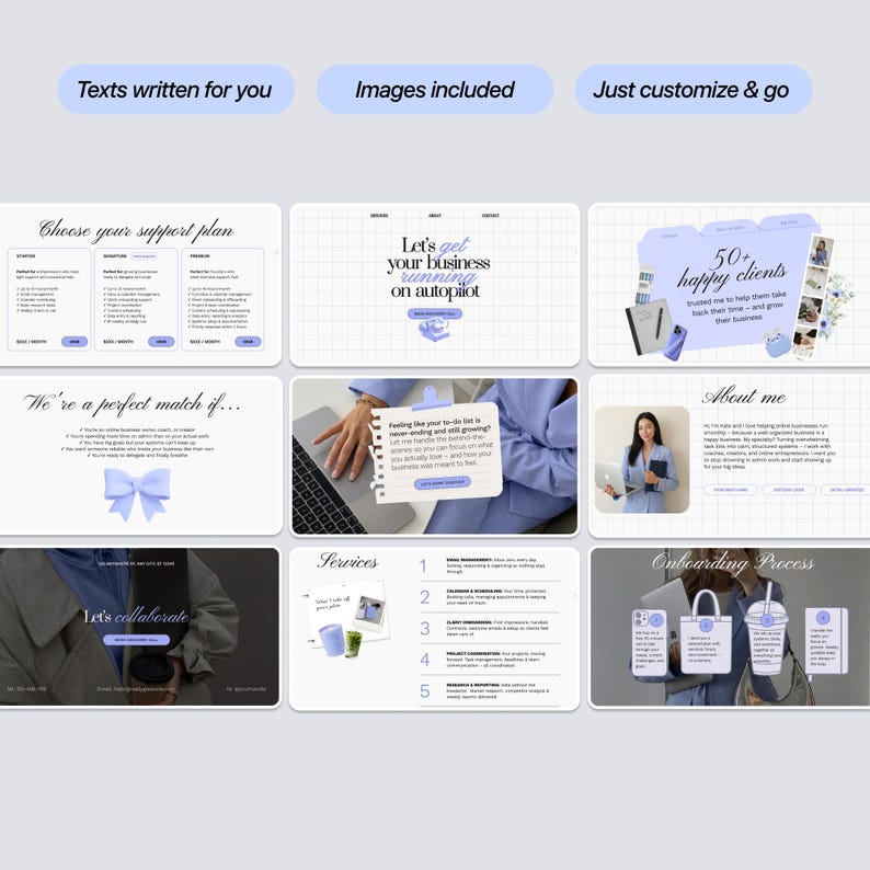 Virtual assistant website Canva template — texts written for you, images included, just customize and go — grid showing all sections including packages, services, about me and contact