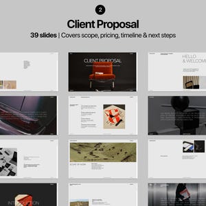 Client proposal presentation layouts for agency introduction, project overview, scope of work, deliverables, creative direction and process.