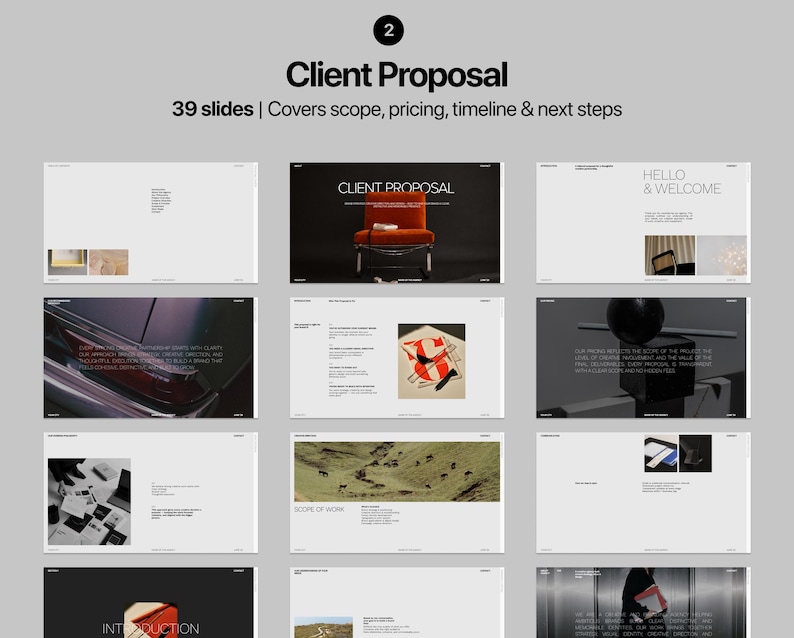 Client proposal presentation layouts for agency introduction, project overview, scope of work, deliverables, creative direction and process.