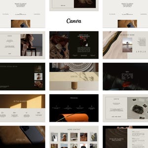 May include: A digital presentation in a neutral colour scheme. The word "Canva" is displayed. The presentation includes sections on social media strategy, client testimonials, and a process overview. The text "READY TO GROW YOUR BRAND ON SOCIAL" is visible.