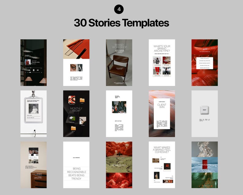 Modern agency Instagram Story designs for services, creative insights, case studies, announcements, brand strategy and interactive content.