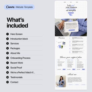Virtual assistant Canva website template — what's included: 11 sections listed including hero, services, packages, about me, onboarding process, testimonials and contact