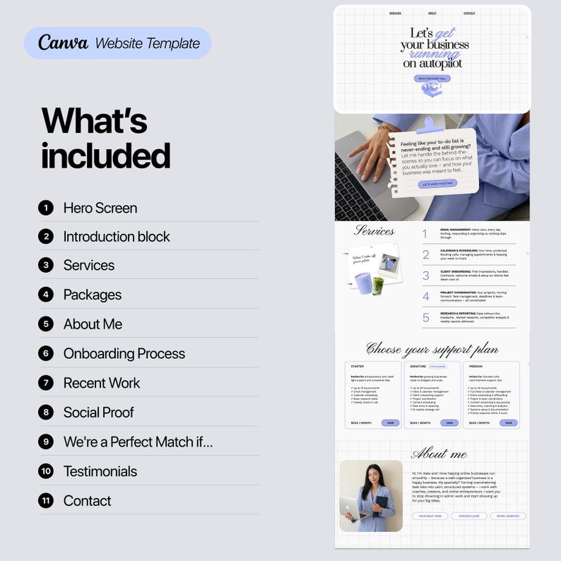 Virtual assistant Canva website template — what's included: 11 sections listed including hero, services, packages, about me, onboarding process, testimonials and contact