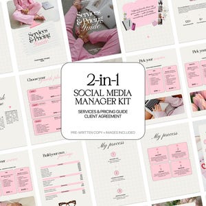 May include: A set of pink and white documents, including a "Services & Pricing Guide" and a "Social Media Manager Kit." The kit includes pre-written copy and images. The documents feature text and graphics, with a focus on social media management.