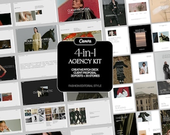 May include: A digital Canva 4-in-1 agency kit featuring a creative pitch deck, client proposal, 30 posts, and 30 stories. The layout displays multiple fashion editorial style templates with black, white, and neutral tones, including photography.