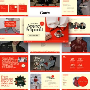 Op de afbeelding: Een digitaal presentatiesjabloon voor een social media bureauvoorstel met een rood en crèmekleurig kleurenschema. De lay-out bevat diverse dia's met gedurfde typografie, grafische elementen en fotografie die bedrijfsstrategie en branding tonen.