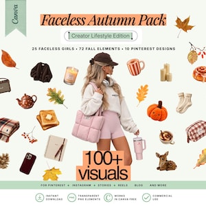 May include: A digital asset pack titled Faceless Autumn Pack Creator Lifestyle Edition featuring 100+ visuals including a person in a white sweatshirt and pink shorts, a pink quilted tote bag, a pink tumbler, autumn leaves, a pumpkin, and food.