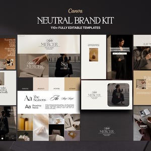 May include: A digital brand kit template collection titled Neutral Brand Kit with 110+ fully editable templates. The layout features a neutral color palette, serif and sans-serif typography, and various social media post designs in beige, black, and white.