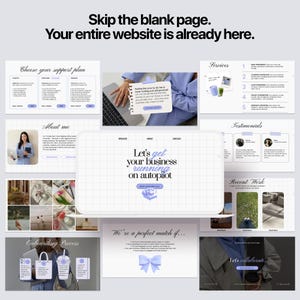 Done for you virtual assistant website template Canva — full page layout spread showing all 11 sections including pricing table, about me, recent work, onboarding and contact footer