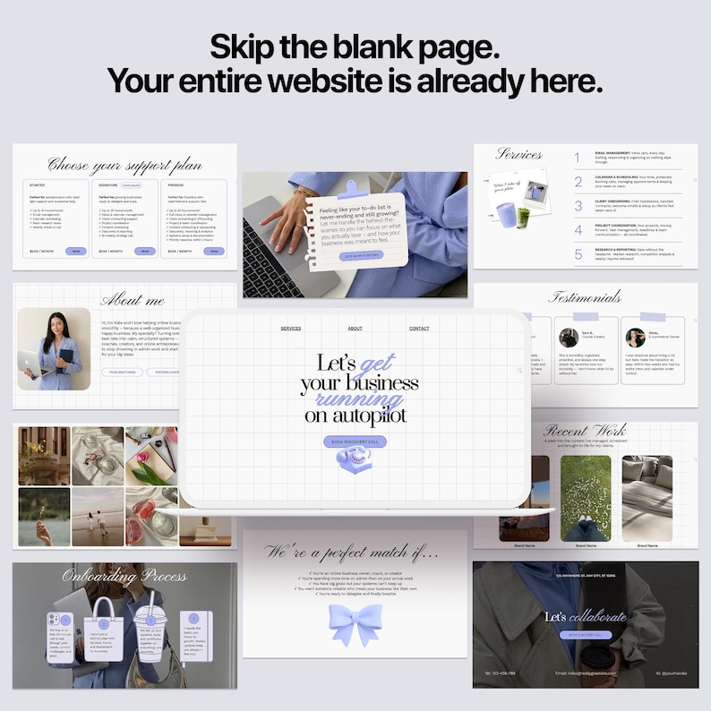 Done for you virtual assistant website template Canva — full page layout spread showing all 11 sections including pricing table, about me, recent work, onboarding and contact footer