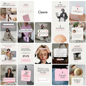 May include: A grid of pink and white social media templates with text including "10 reels hooks that grab attention", "DM scripts", "free checklist", and "What's your biggest social media struggle?"