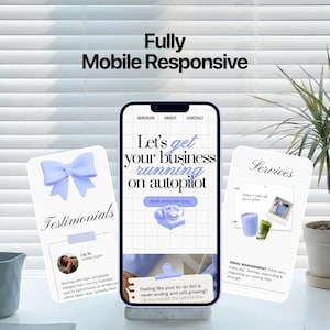 Virtual assistant Canva website template fully mobile responsive — lavender Pinterest aesthetic shown on iPhone mockup with testimonials and services sections