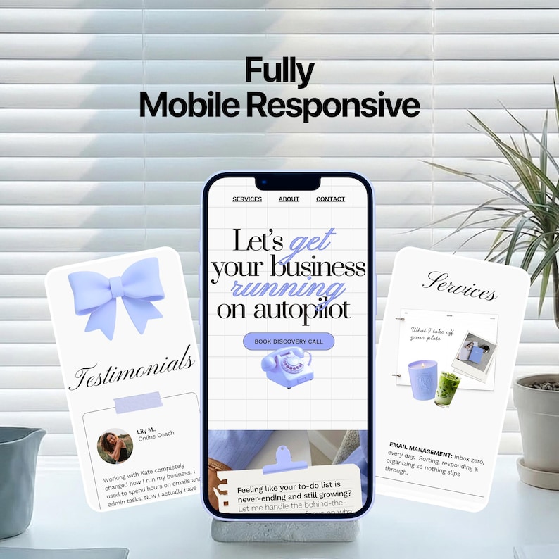 Virtual assistant Canva website template fully mobile responsive — lavender Pinterest aesthetic shown on iPhone mockup with testimonials and services sections