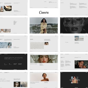 Peut inclure: Un modèle de présentation avec un fond gris clair. Le mot "Canva" est affiché au centre. Les diapositives comprennent des images de personnes et du texte, avec des titres tels que "Client Proposal" et "Next Steps".