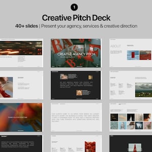 Editable agency pitch deck slides for presenting creative services, brand positioning, agency approach, process and portfolio.