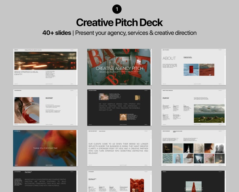 Editable agency pitch deck slides for presenting creative services, brand positioning, agency approach, process and portfolio.