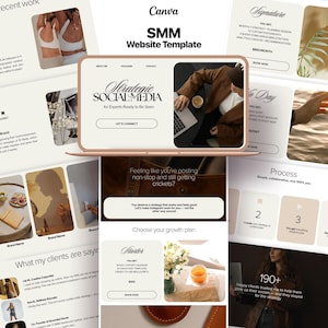 Pode incluir: Um laptop em ouro rosa exibe um modelo de site Canva SMM. O modelo inclui seções para trabalhos recentes, depoimentos de clientes e pacotes de serviços. O design apresenta uma paleta de cores neutras com imagens e texto.