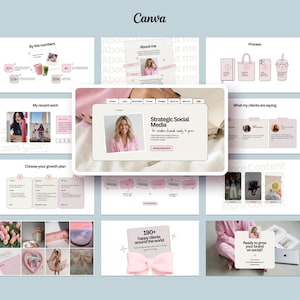 Könnte beinhalten: Eine Canva-Präsentation mit einem hellrosa und weißen Farbschema. Die Folien enthalten den Text "Strategic Social Media" und "Ready to grow your brand on social?" zusammen mit Grafiken und Fotos. Die Präsentation enthält auch den Text "190+ happy clients around the world."