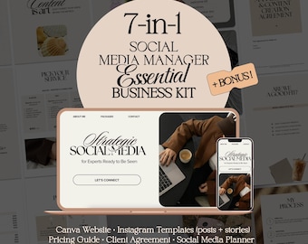SMM-businesspakket canvas | 7-in-1 Social Media Manager-bundel | Website, IG-sjablonen, planner, prijzen en klantovereenkomst | Donker minimaal