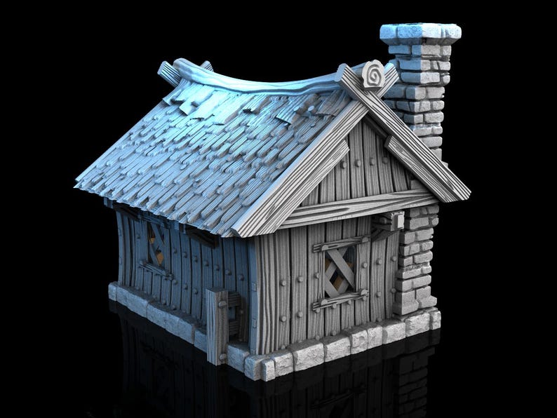 May include: A miniature wooden house with a light blue shingled roof and a brick chimney. The walls are made of vertical wooden planks, and the windows are small and barred. The house has a rustic, handcrafted appearance.