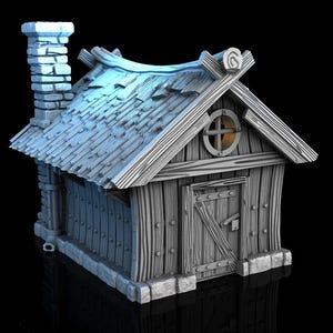 May include: A detailed, grayscale model of a small wooden house. The house features a chimney, a shingled roof, a round window, and a wooden door. The structure is made of wood and stone, with visible textures and details.