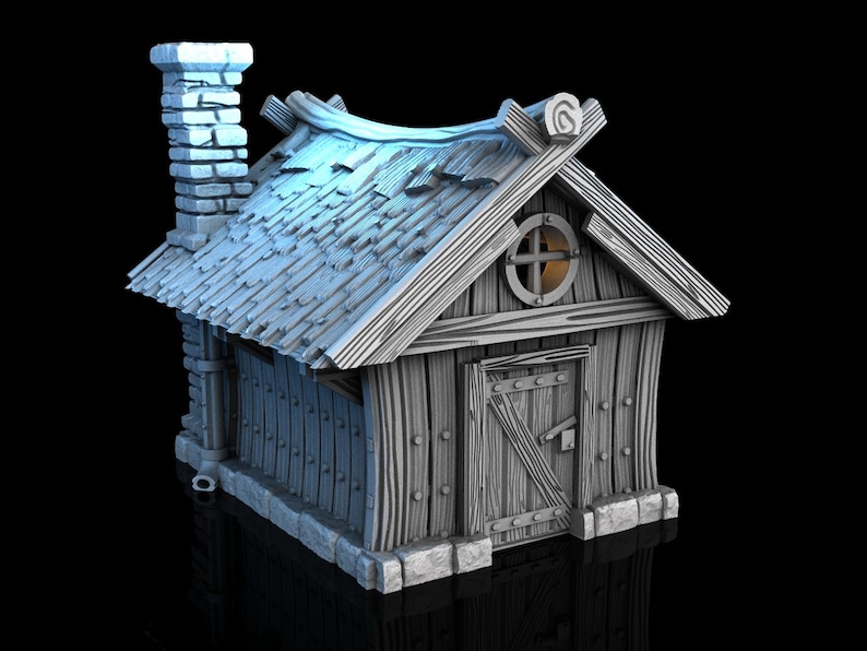 May include: A detailed, grayscale model of a small wooden house. The house features a chimney, a shingled roof, a round window, and a wooden door. The structure is made of wood and stone, with visible textures and details.