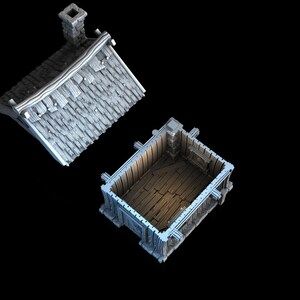 May include: A miniature house with a detached roof, showing a weathered appearance. The roof is made of grey shingles and has a chimney. The house's interior features wooden planks. The design suggests a rustic or fantasy theme.