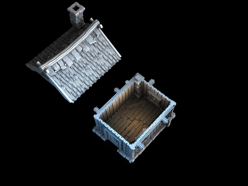 May include: A miniature house with a detached roof, showing a weathered appearance. The roof is made of grey shingles and has a chimney. The house's interior features wooden planks. The design suggests a rustic or fantasy theme.