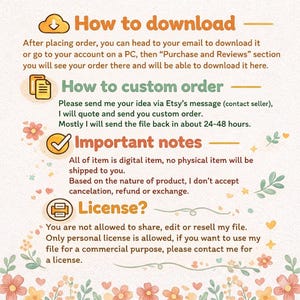 May include: An informational graphic with orange and green text on a cream background decorated with watercolor flowers. It outlines instructions for digital downloads, custom orders, important notes regarding digital items, and licensing terms.