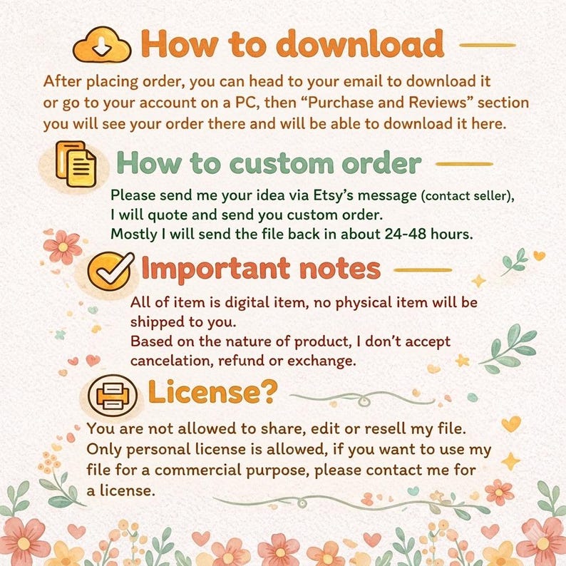 May include: An informational graphic with orange and green text on a cream background decorated with watercolor flowers. It outlines instructions for digital downloads, custom orders, important notes regarding digital items, and licensing terms.
