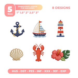 Puede incluir: Imagen que muestra ocho diseños de bordado con temática náutica. Los diseños incluyen un ancla, un velero, un faro, una concha, una langosta y una flor de hibisco. Los diseños están disponibles en cinco tamaños: 2.5 cm, 3.8 cm, 5 cm, 6.3 cm y 7.6 cm.