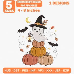 Witch Ghost Pumpkin Stack Halloween Embroidery Design, Cute Ghost Pumpkin Machine Embroidery File, Fall Halloween Digital Embroidery