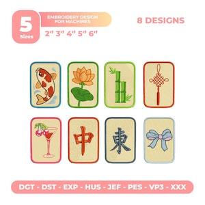 Op de afbeelding: Acht machineborduurontwerpen met rechthoekige tegels met motieven zoals een koikarper, lotusbloem, bamboe, Chinese knoop, kersen in een glas, twee Chinese karakters en een strik. Tekst bevat 5 Sizes 2" 3" 4" 5" 6" en 8 DESIGNS.