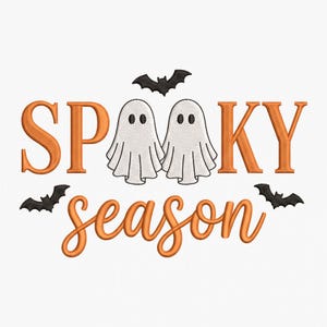 May include: An embroidery design featuring the orange text SPOOKY in a serif font and the orange cursive text season. Two white ghosts with black eyes are positioned between the letters, accompanied by three black bats flying above and below.
