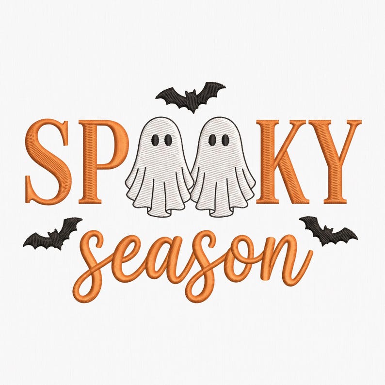 May include: An embroidery design featuring the orange text SPOOKY in a serif font and the orange cursive text season. Two white ghosts with black eyes are positioned between the letters, accompanied by three black bats flying above and below.