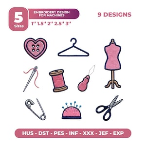 May include: Nine embroidery designs for machines, including a heart button, hanger, dress form, needle, spool of thread, seam ripper, safety pin, pincushion, and scissors. The designs come in five sizes: 1", 1.5", 2", 2.5", and 3".