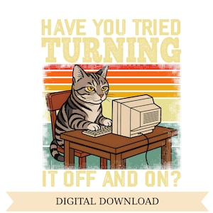 Może przedstawiać: Cyfrowe pobranie z pręgowanym kotem siedzącym przy biurku przed komputerem. Tekst brzmi: „CZY PRÓBOWAŁEŚ WYŁĄCZYĆ I WŁĄCZYĆ?" z „POBRANIE CYFROWE" poniżej.