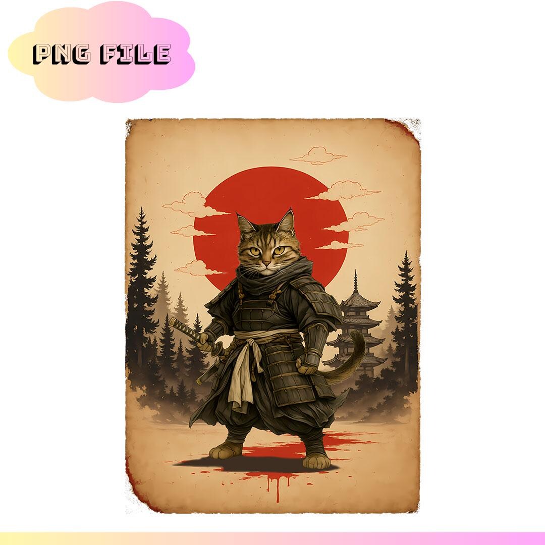 Samurai Cat Warrior Japanese Sun Vintage Graphic Cat Art PNG Digital ...