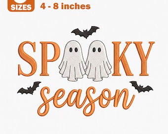 May include: Machine embroidery design featuring the orange text SPOOKY SEASON with two white ghosts replacing the letter O and three black bats. The design includes text indicating 5 sizes from 4 to 8 inches and file formats HUS, DST, PES, INF, VP3, XXX, JEF, EXP.