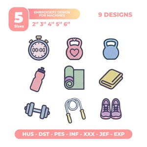 May include: An embroidery design set featuring fitness-themed icons. Includes a stopwatch, kettlebells, water bottle, yoga mat, towel, dumbbell, jump rope, and sneakers. The design comes in 5 sizes: 2", 3", 4", 5", and 6".