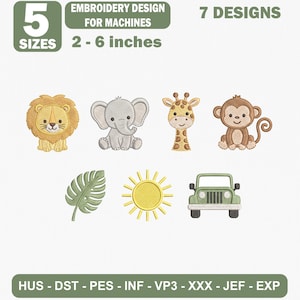 Può includere: Un set di ricami digitali con 7 motivi: leone, elefante, giraffa, scimmia, foglia di palma, sole e jeep. Il testo include 5 SIZES, EMBROIDERY DESIGN FOR MACHINES, 7 DESIGNS, 2-6 inches e i formati file HUS, DST, PES, INF, VP3, XXX, JEF, EXP.