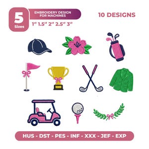 Op de afbeelding: Tien borduurontwerpen met een golfthema, waaronder een pet, bloem, golftas, vlag, trofee, gekruiste clubs, een groene jas, een golfkar, een golfbal en een lauwerkrans. Maten variëren van 2.54cm tot 7.62cm. De afbeelding bevat ook tekst.