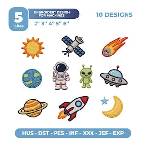 Puede incluir: Diez diseños bordados con temática espacial, incluyendo un sol, un satélite, un cometa, el planeta Tierra, un astronauta, un alienígena, un OVNI, Saturno, un cohete, una estrella y una luna. Los diseños vienen en cinco tamaños.