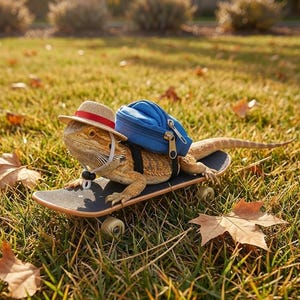 May include: A bearded dragon wearing a straw hat with a red band and a small blue backpack, riding a skateboard. The lizard is on a grassy lawn with fallen leaves, suggesting an outdoor setting.