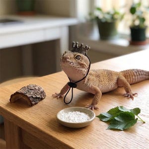 May include: A tan and brown leopard gecko wearing a small silver crown and a black string. The gecko is on a wooden table next to a small bowl of white powder, a piece of wood, and green leaves. The background is blurred.