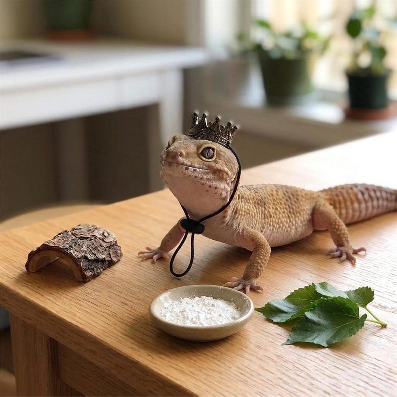 May include: A tan and brown leopard gecko wearing a small silver crown and a black string. The gecko is on a wooden table next to a small bowl of white powder, a piece of wood, and green leaves. The background is blurred.