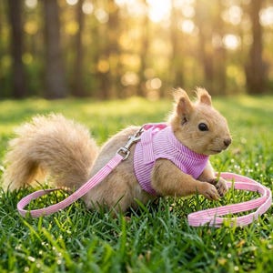 May include: A light brown squirrel wearing a pink and white striped harness and leash, sitting in green grass. The squirrel is in a natural outdoor setting with sunlight in the background.