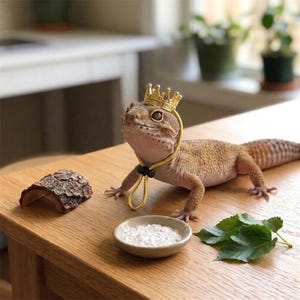 May include: A leopard gecko wearing a gold crown and necklace, posed on a wooden table. Beside the gecko are a small bowl with white powder, a piece of wood, and green leaves. The gecko has a tan and brown spotted pattern.