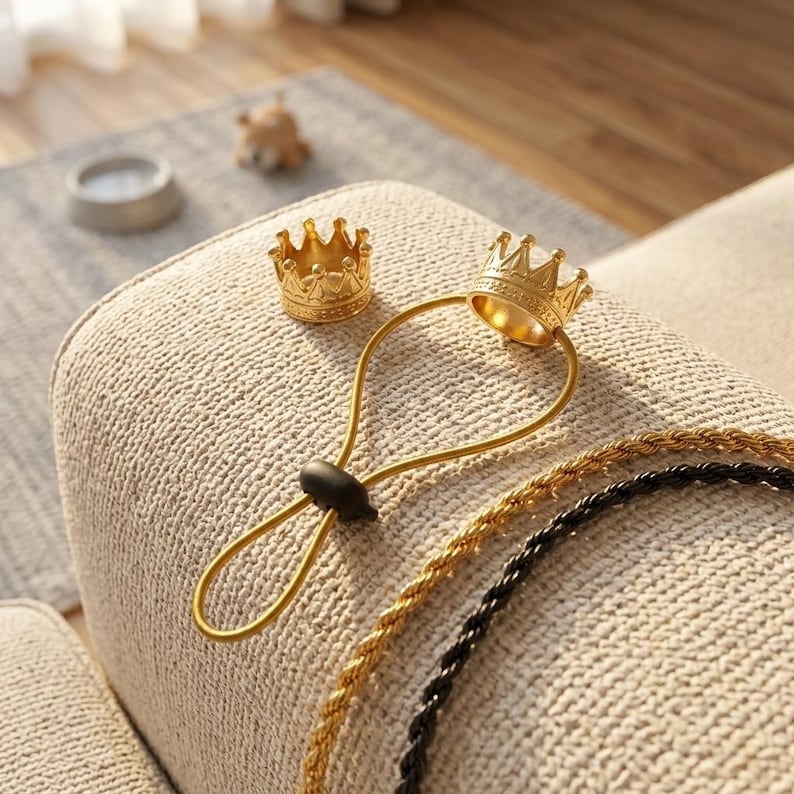 May include: Gold-colored crown-shaped jewelry, including a ring and a small crown, are displayed on a beige surface. A gold-colored rope chain and a black rope chain are also visible. The items are likely accessories or decorative pieces.